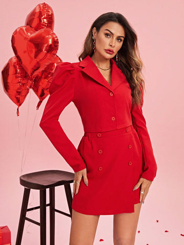 Fitted Puff Sleeve Single Breasted Blazer And Skirt Set