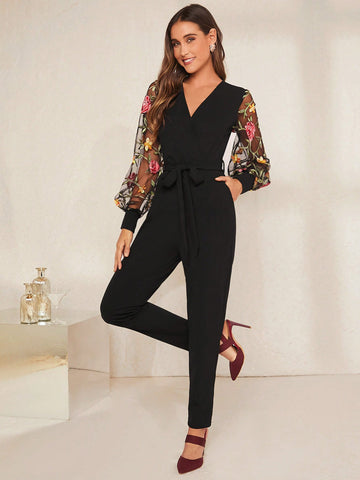 Floral Embroidery Mesh Sleeve Belted Jumpsuit