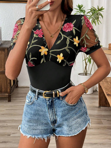 Floral Embroidery Mesh V Neck Bodysuit