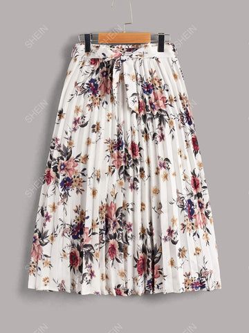 Clasi Floral Print Belted Pleated Skirt