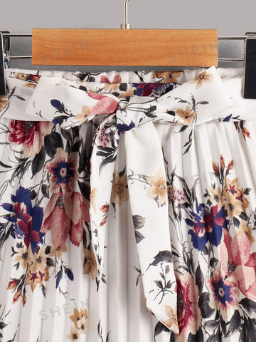 Clasi Floral Print Belted Pleated Skirt