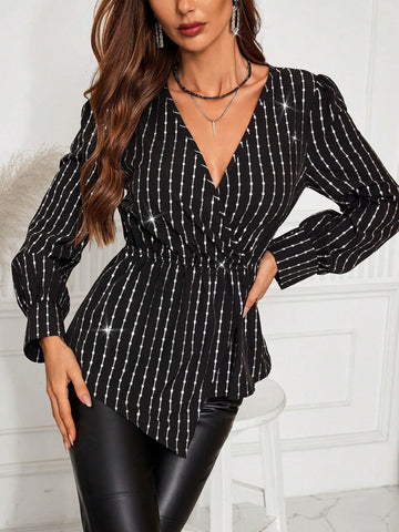 Clasi Floral Print Cross Neck Cinched Waist Puff Sleeve Asymmetrical Hem Blouse