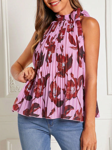 Floral Print Knot Side Pleated Detail Halter Neck Blouse