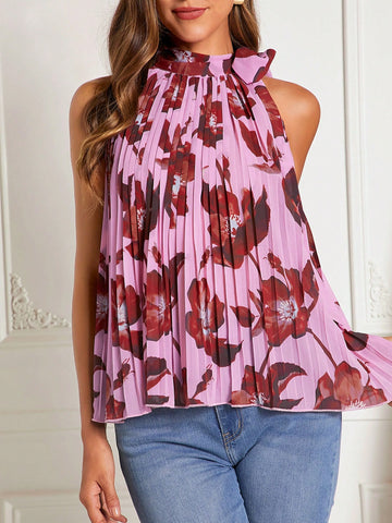 Floral Print Knot Side Pleated Detail Halter Neck Blouse