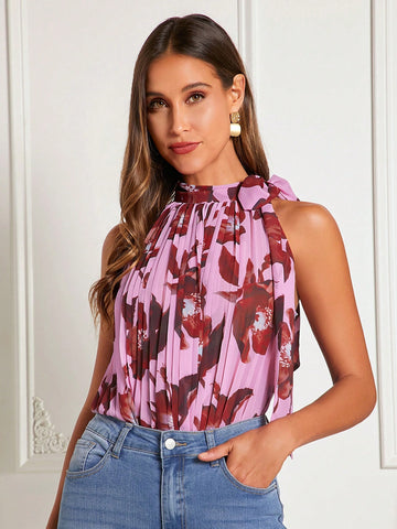 Floral Print Knot Side Pleated Detail Halter Neck Blouse