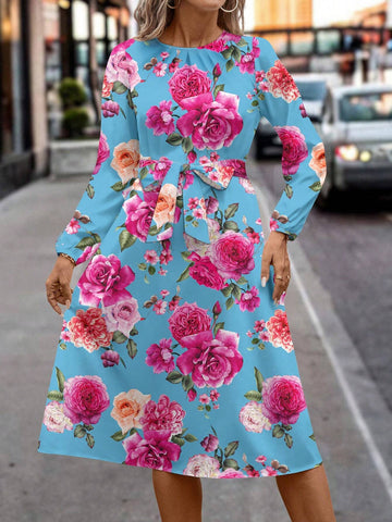 Floral Print Long Sleeve Round Neck Dress For Women, Suitable For Autumn