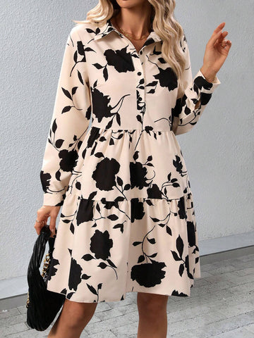 Floral Print Patchwork Button-Up Shirt Dress, Spring Autumn