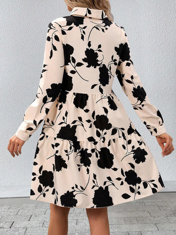 Floral Print Patchwork Button-Up Shirt Dress, Spring Autumn