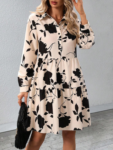 Floral Print Patchwork Button-Up Shirt Dress, Spring Autumn