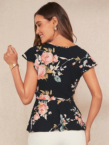 Floral Print Ruffle Hem Tee