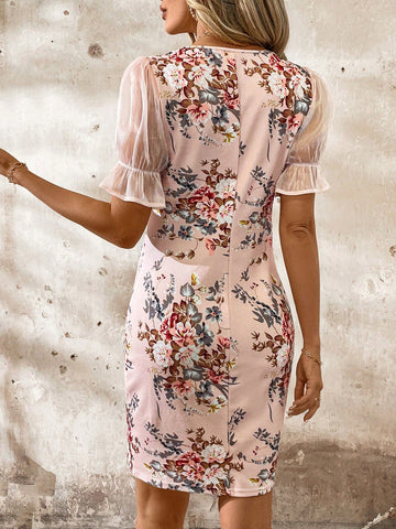 Floral Print Ruffle Trim V-Neck Short Sleeve Crop Fitted Dress For Women