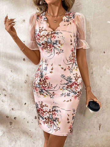 Floral Print Ruffle Trim V-Neck Short Sleeve Crop Fitted Dress For Women