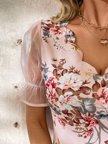 Floral Print Ruffle Trim V-Neck Short Sleeve Crop Fitted Dress For Women