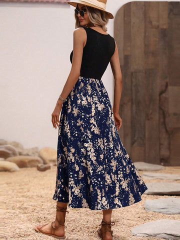 Floral Print Sleeveless Pleated Dress With Round Neck For Summer