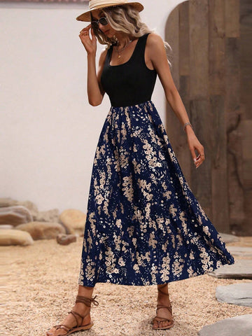 Floral Print Sleeveless Pleated Dress With Round Neck For Summer