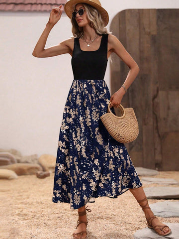 Floral Print Sleeveless Pleated Dress With Round Neck For Summer