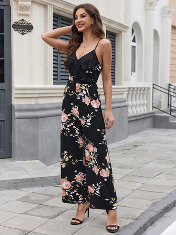 Floral Print Spaghetti Strap Jumpsuit With Ruffle Hem Detail