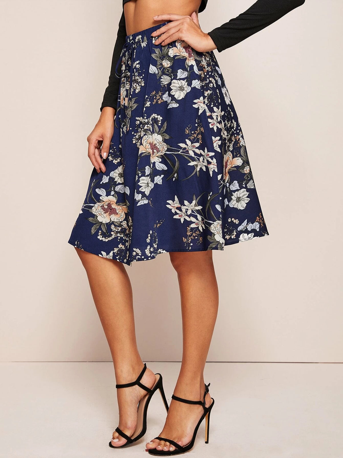 Clasi Floral Print Tie Waist A-line Skirt