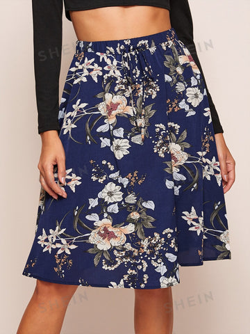 Clasi Floral Print Tie Waist A-line Skirt