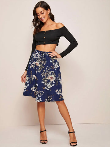 Clasi Floral Print Tie Waist A-line Skirt