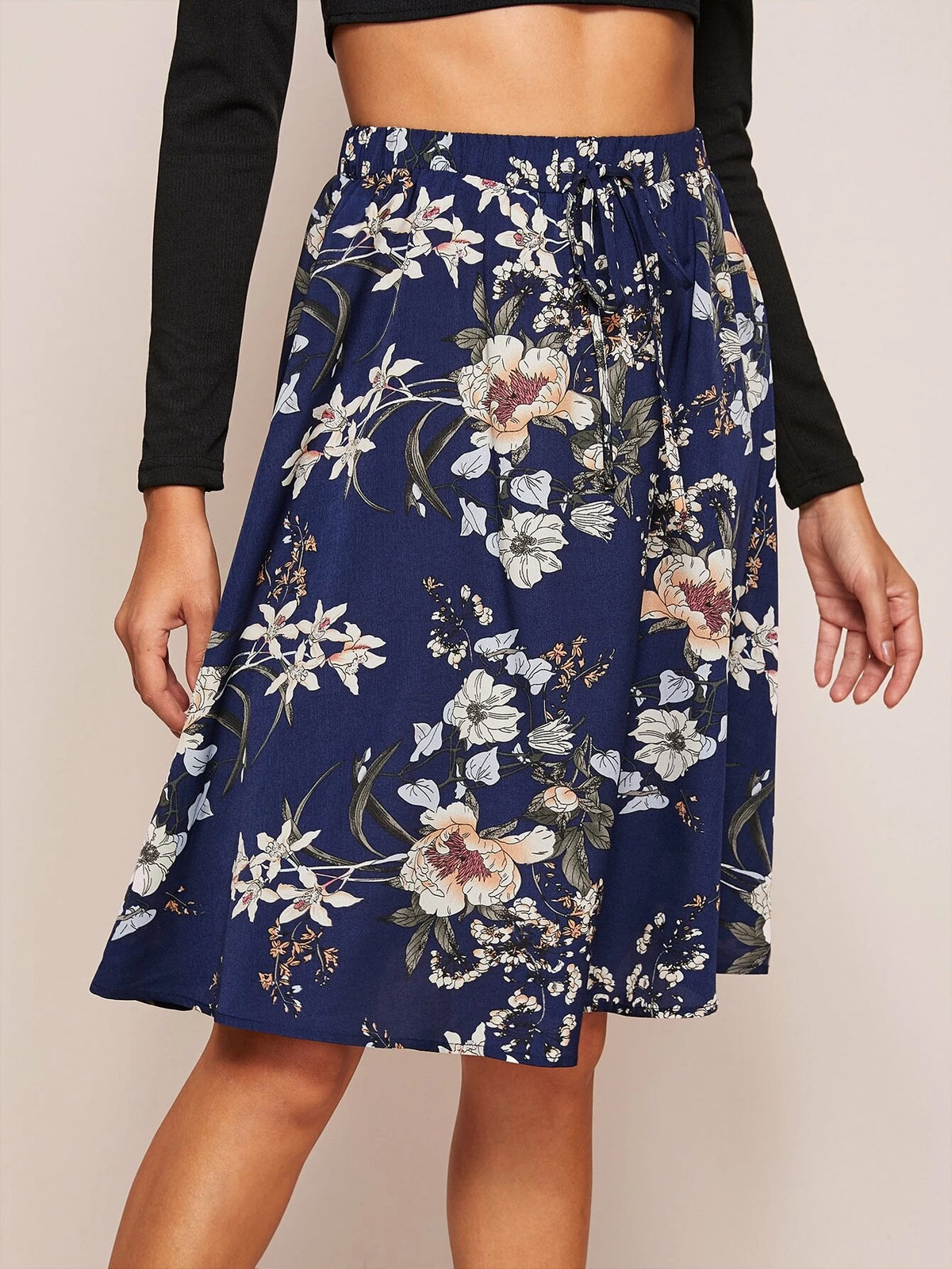 Clasi Floral Print Tie Waist A-line Skirt