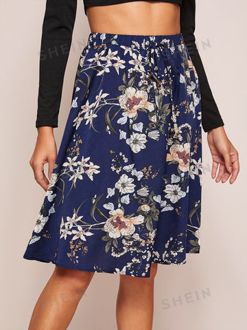 Clasi Floral Print Tie Waist A-line Skirt