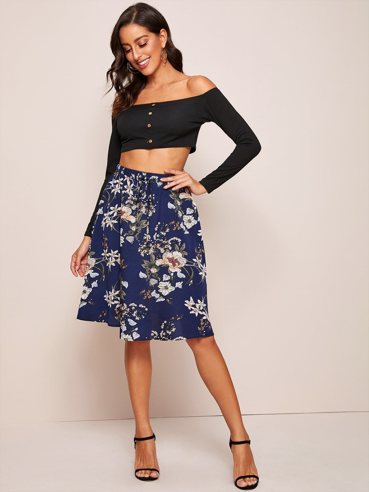 Clasi Floral Print Tie Waist A-line Skirt