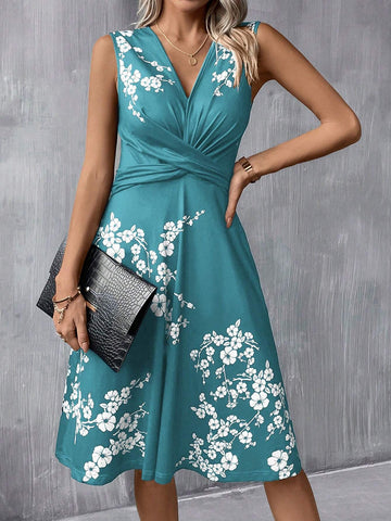 Floral Print Twist Front A-Line Dress Blue Dress