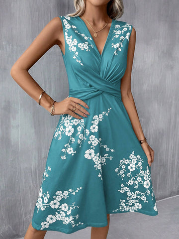 Floral Print Twist Front A-Line Dress Blue Dress