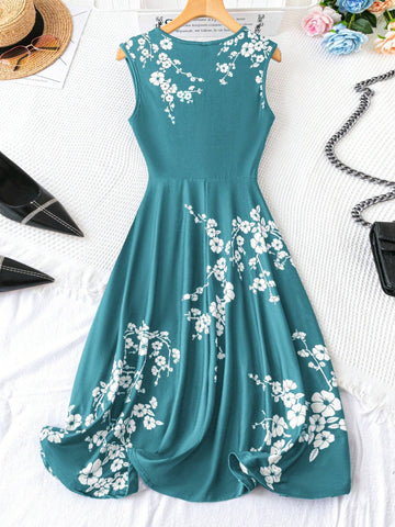 Floral Print Twist Front A-Line Dress Blue Dress