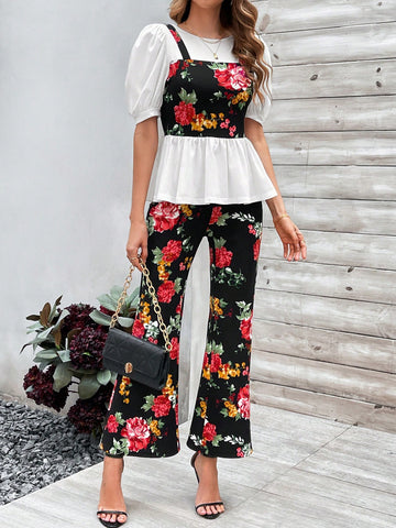 Floral Printed Puff Short Sleeve 2 In 1 Top And Pants Set