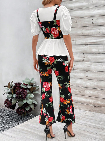 Floral Printed Puff Short Sleeve 2 In 1 Top And Pants Set
