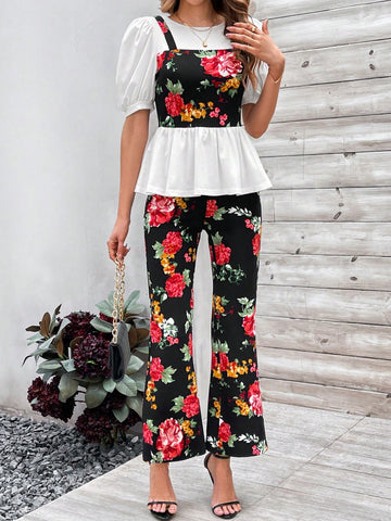 Floral Printed Puff Short Sleeve 2 In 1 Top And Pants Set
