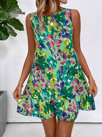 Floral Printed Sleeveless Dress With Ruffle Hem