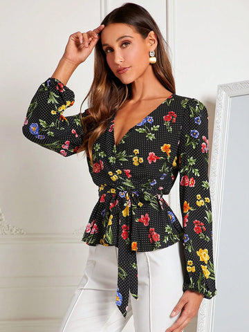 Floral & Polka Dot Print Lantern Sleeve Belted Blouse