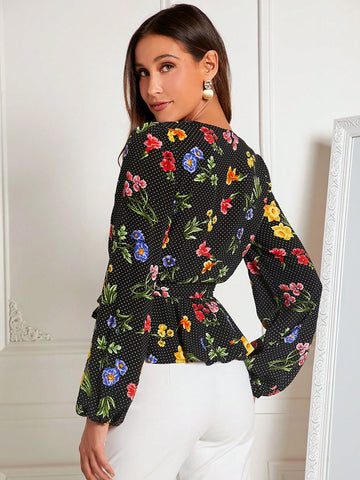 Floral & Polka Dot Print Lantern Sleeve Belted Blouse