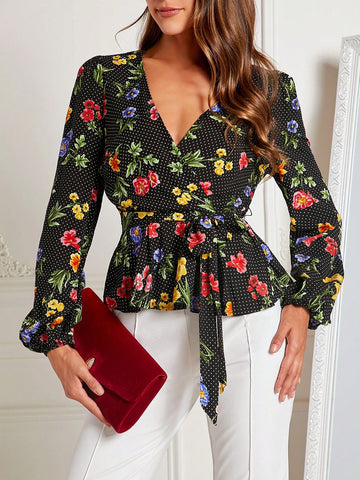 Floral & Polka Dot Print Lantern Sleeve Belted Blouse