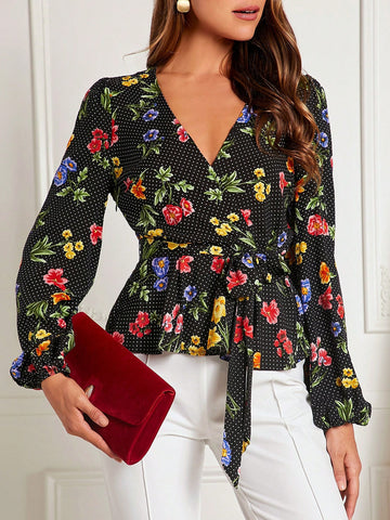 Floral & Polka Dot Print Lantern Sleeve Belted Blouse