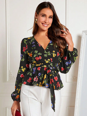Floral & Polka Dot Print Lantern Sleeve Belted Blouse