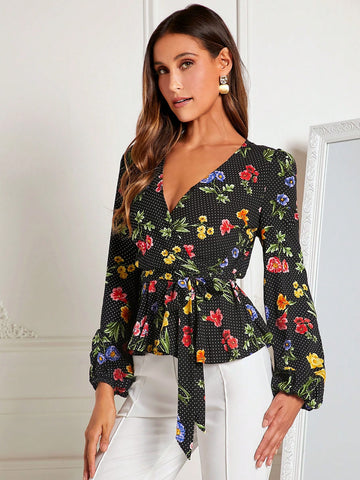 Floral & Polka Dot Print Lantern Sleeve Belted Blouse