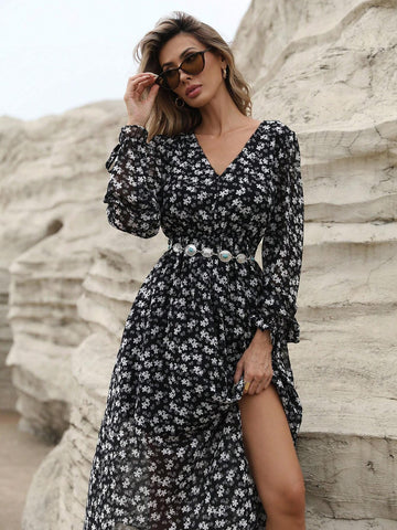 French Elegant Minimalist Floral V-Neck Cinched Waist Sleeve Design Long Sleeve Dress