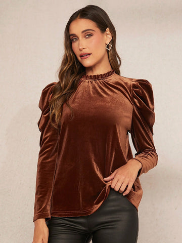 Frill Neck Gigot Sleeve Velvet Tee