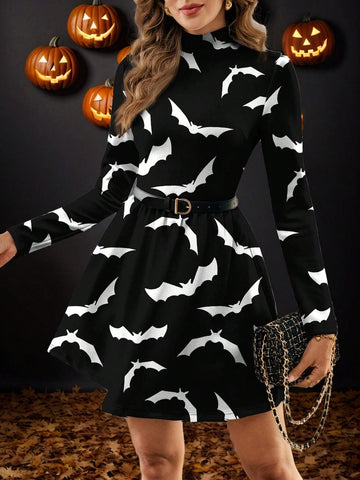 Funnel Neck Plaid Dress Without Belt, Casual Minimalist Halloween Pattern Fitted Long Sleeve Lady