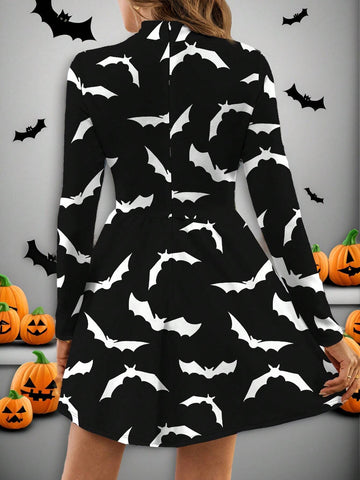 Funnel Neck Plaid Dress Without Belt, Casual Minimalist Halloween Pattern Fitted Long Sleeve Lady