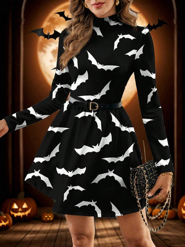 Funnel Neck Plaid Dress Without Belt, Casual Minimalist Halloween Pattern Fitted Long Sleeve Lady