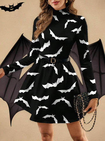 Funnel Neck Plaid Dress Without Belt, Casual Minimalist Halloween Pattern Fitted Long Sleeve Lady