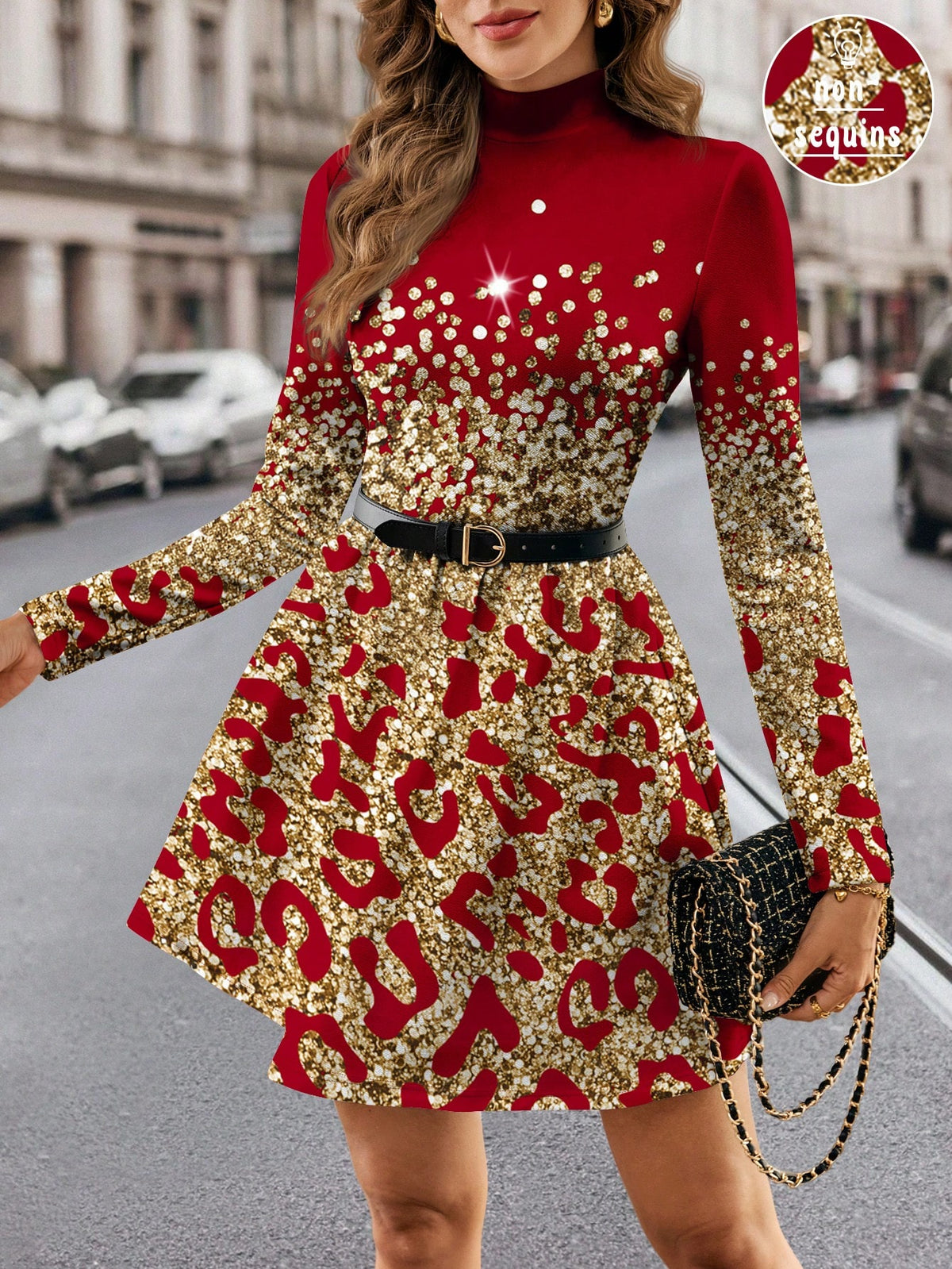 Funnel Neck Plaid Sleeve Dress Without Belt, Casual Simple Style For Women, Suitable For