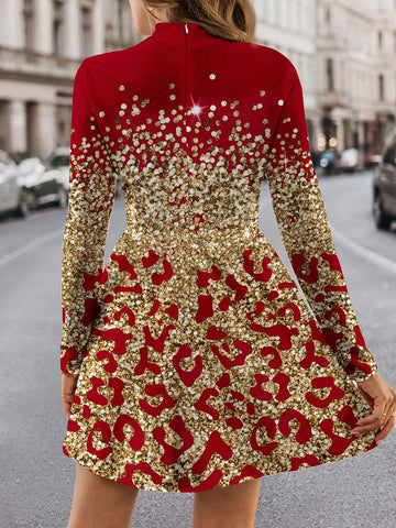 Funnel Neck Plaid Sleeve Dress Without Belt, Casual Simple Style For Women, Suitable For