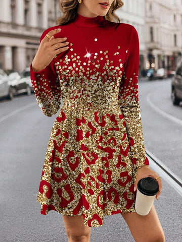 Funnel Neck Plaid Sleeve Dress Without Belt, Casual Simple Style For Women, Suitable For