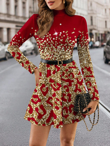 Funnel Neck Plaid Sleeve Dress Without Belt, Casual Simple Style For Women, Suitable For